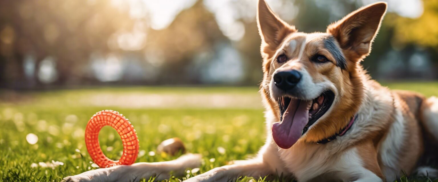 Dog enjoying a rubber chew toy.